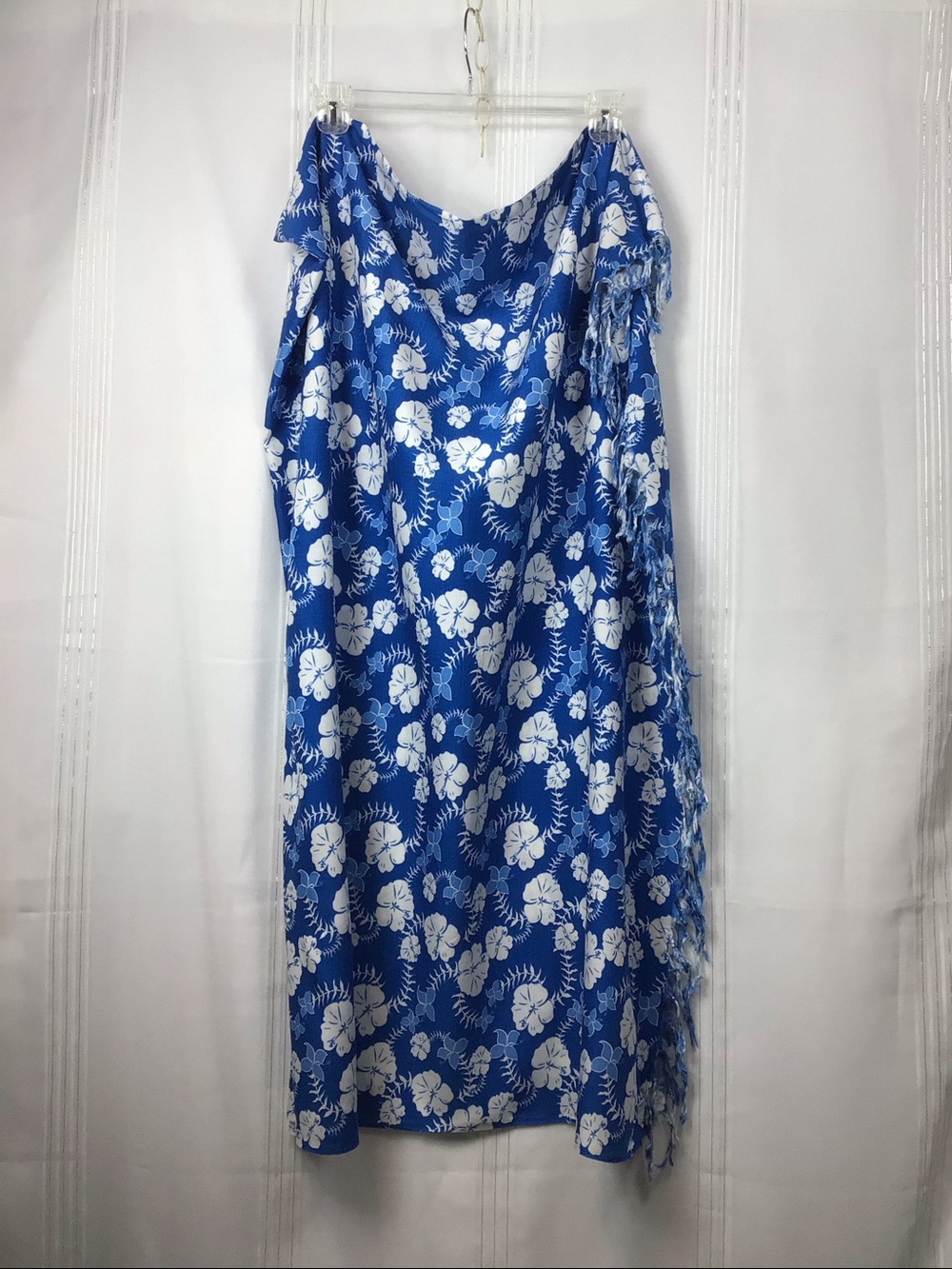 🌺 Blue Sky Sarong Blue and White Hawaiian Print Self Tie Wrap Skirt Sz.S - Picture 3 of 10